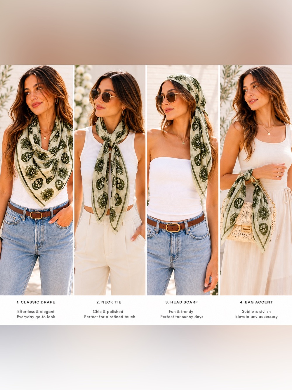 Paisley & Skull Print Lightweight Scarf | Cream & Olive Green | Boho Wrap - Picture 2 of 8